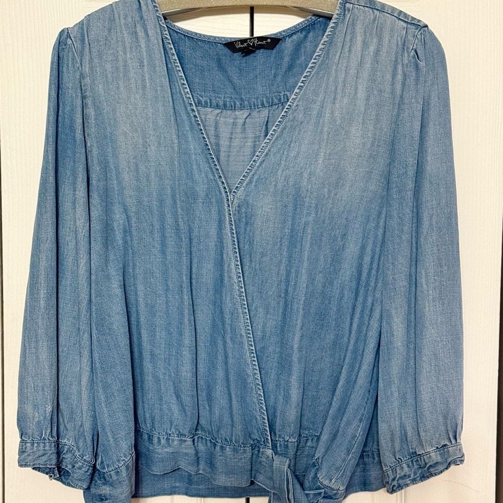Velvet Heart Blue Wrap Blouse with 3/4 Sleeves